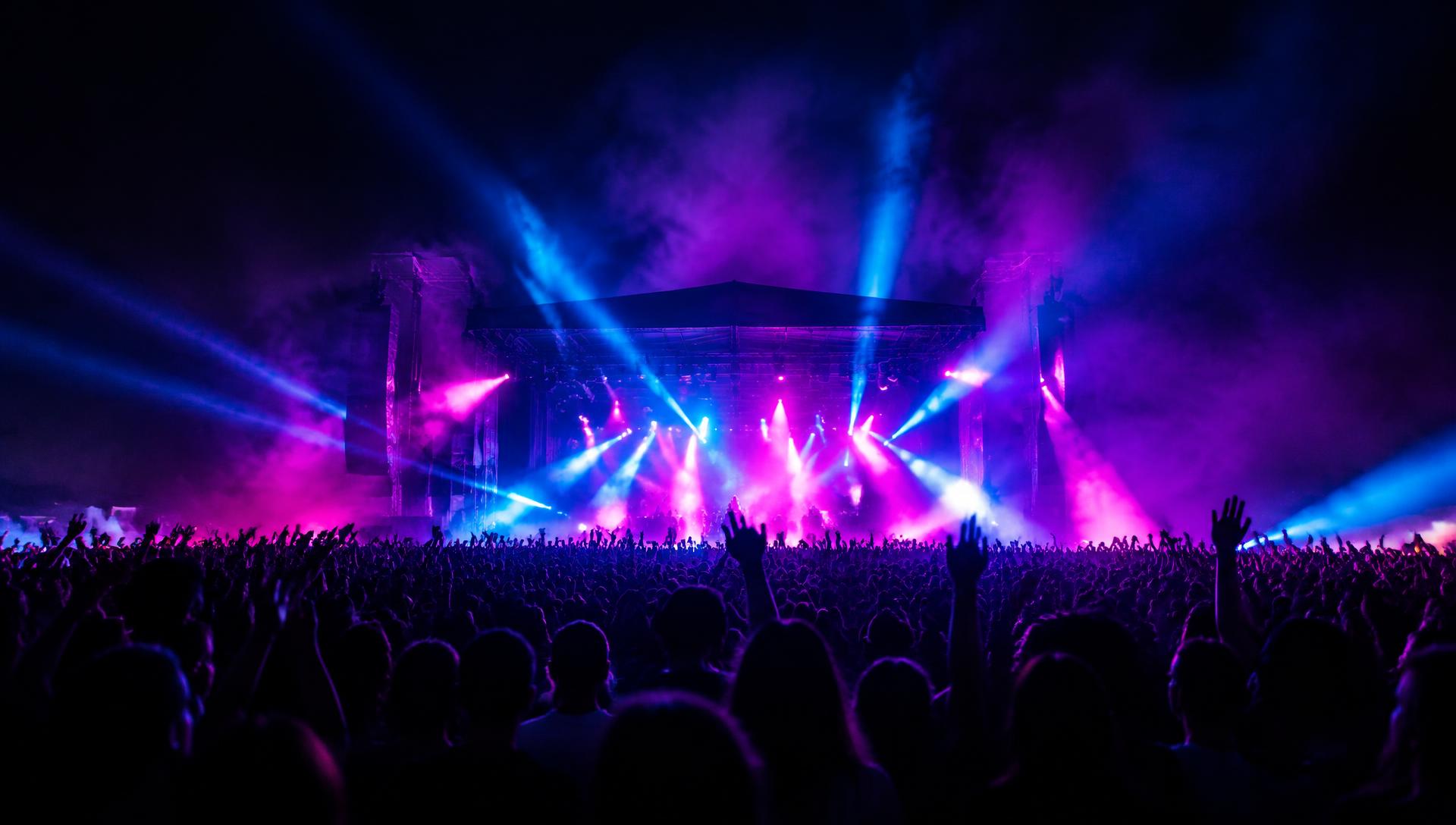 Neon ışıklar altında konser kalabalığı